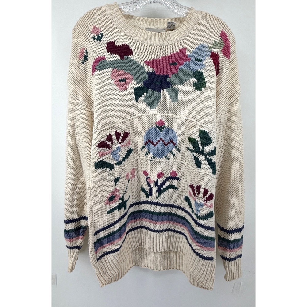 Vintage Hunters Glen Floral Knit Sweater Cream Ramie Blend Med Cottagecore